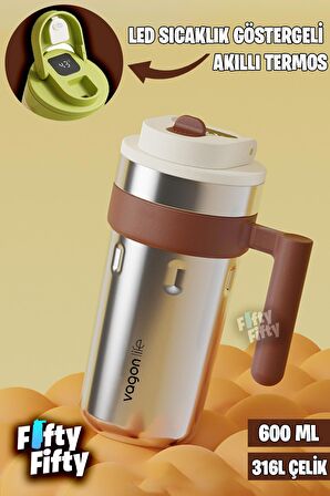 Vagonlife 600 ML LED Sıcaklık Göstergeli Akıllı Çelik Termos Kulplu -Kahve Bardağı-Mug-FFVGN2009