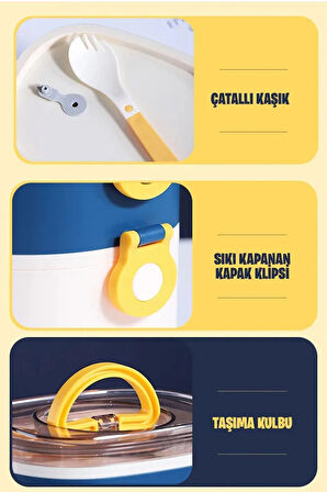 1200 ML İki Kat Üç Bölme Paslanmaz Çelik Bento Lunch Box Yeni Nesil Sefer Tası-ÇatallıKaşı