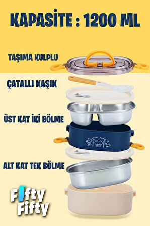 1200 ML İki Kat Üç Bölme Paslanmaz Çelik Bento Lunch Box Yeni Nesil Sefer Tası-ÇatallıKaşı