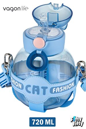 Vagonlife Pipetli 720 ML Boyun Askılı Çocuk Su Matarası -Cat Fashion-FFVGN2031-720ML