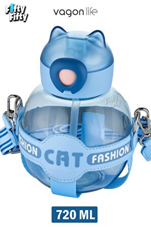 Vagonlife Pipetli 720 ML Boyun Askılı Çocuk Su Matarası -Cat Fashion-FFVGN2031-720ML