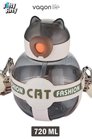 Vagonlife Pipetli 720 ML Boyun Askılı Çocuk Su Matarası -Cat Fashion-FFVGN2031-720ML