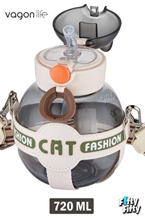 Vagonlife Pipetli 720 ML Boyun Askılı Çocuk Su Matarası -Cat Fashion-FFVGN2031-720ML