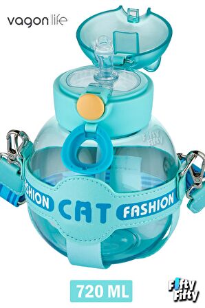 Vagonlife Pipetli 720 ML Boyun Askılı Çocuk Su Matarası -Cat Fashion-FFVGN2031-720ML