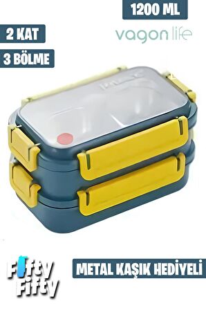 Vagonlife Lunch Box 1200 ML İki Kat Üç Bölme Paslanmaz Çelik-Metal Kaşıklı-FFLBOX2215