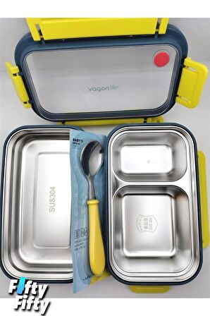 Vagonlife Lunch Box 1200 ML İki Kat Üç Bölme Paslanmaz Çelik-Metal Kaşıklı-FFLBOX2215