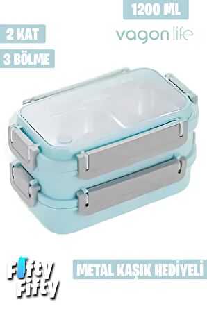 Vagonlife Lunch Box 1200 ML İki Kat Üç Bölme Paslanmaz Çelik-Metal Kaşıklı-FFLBOX2215