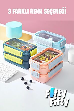 Vagonlife Lunch Box 1200 ML İki Kat Üç Bölme Paslanmaz Çelik-Metal Kaşıklı-FFLBOX2215