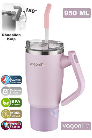 Vagonlife Rotate Handle Tumbler Cup 0.94ML/34oz Pipetli/Rahat İçim Vakumlu Paslanmaz Çelik Termos-FFVGN1007-950ML