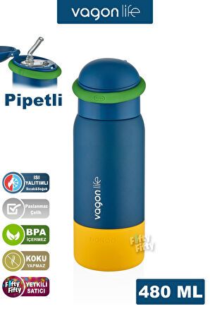 Vagonlife 480 ML Çocuk Pipetli Paslanmaz Çelik Termos/Su Matarası-FFVGN1006-480ML