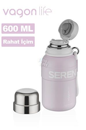 Vagonlife 600 ML Paslanmaz Çelik Termos/Su Matarası Rahat İçim-Taşıma Askılı-FF1005-600ml