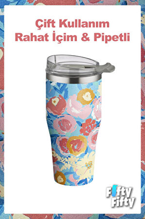 Vagonlife Tumbler Özel Desenli Cup 590 ML Vakumlu Paslanmaz Çelik Termos Pipetli/Rahat İçim -FFVGN1001-590ML