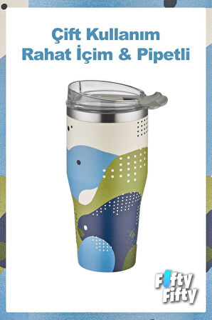 Vagonlife Tumbler Özel Desenli Cup 590 ML Vakumlu Paslanmaz Çelik Termos Pipetli/Rahat İçim -FFVGN1001-590ML