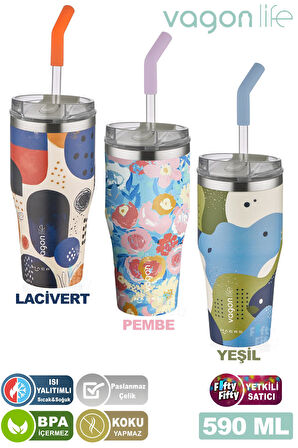 Vagonlife Tumbler Özel Desenli Cup 590 ML Vakumlu Paslanmaz Çelik Termos Pipetli/Rahat İçim -FFVGN1001-590ML