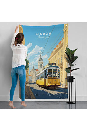Portekiz Lizbon Sarı Tramvay Duvar Örtüsü-7972