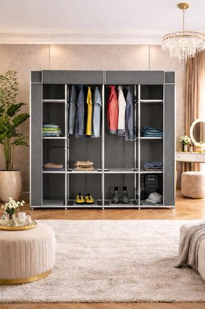 Reyo Teknor Metal Çift Askılı Bez Dolap Gri 155x160x45 cm – Geniş Hacimli Portatif Gardırop, Raflı Kumaş Dolap, Fermuarlı Elbise Düzenleyici