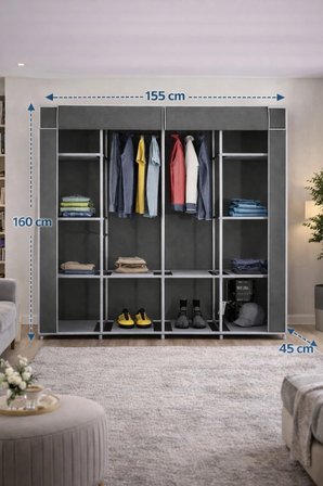 Reyo Teknor Metal Çift Askılı Bez Dolap Gri 155x160x45 cm – Geniş Hacimli Portatif Gardırop, Raflı Kumaş Dolap, Fermuarlı Elbise Düzenleyici