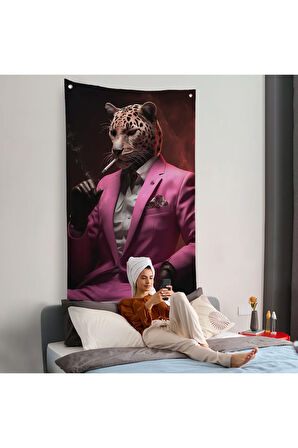 Sigara İçen Pembe Leopar Duvar Örtüsü-7974