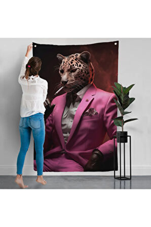 Sigara İçen Pembe Leopar Duvar Örtüsü-7974