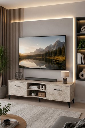 Reyo Falez Vera Tv Sehpası 160x35x50 cm Çok Amaçlı Televizyon Ünitesi Raflı Dolaplı Salon Oturma Oda
