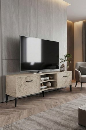 Reyo Falez Vera Tv Sehpası 160x35x50 cm Çok Amaçlı Televizyon Ünitesi Raflı Dolaplı Salon Oturma Oda