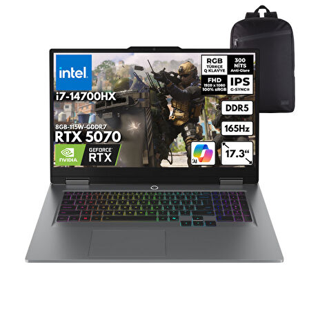 Lenovo LOQ i7-14700HX 24-GBDDR5 1 TBSSD RTX5070 (8GB-115W-GDDR7) 17.3" FHD 165Hz Windows 11 Home + HMF Sırt Çantası 83JH006HTRHMF33