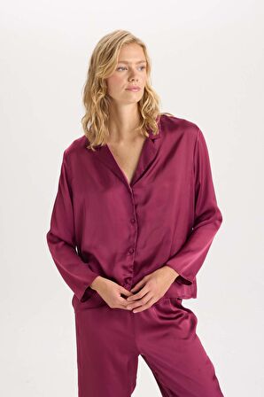 DeFacto Fall in Love Pijama Takım Basic Düz Saten Uzun Kollu Üst Beli Lastikli Alt D6940AX24AUPR169