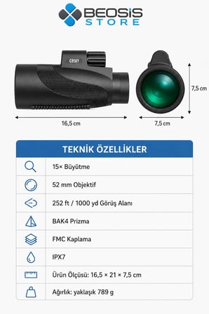 Gosky MW2 15x52 HD Monoküler Dürbün – BAK4 Prizma, FMC Optik, IPX7 Suya Dayanıklı, Telefon Adaptörü ve Tripodlu