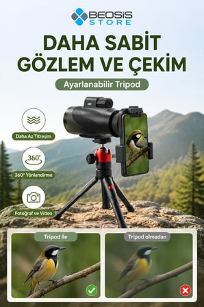 Gosky MW2 15x52 HD Monoküler Dürbün – BAK4 Prizma, FMC Optik, IPX7 Suya Dayanıklı, Telefon Adaptörü ve Tripodlu