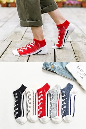 5 Çift Unisex Sneaker Görünümlü Soket Çorap Renkli Bağcık Desenli Pamuklu Bilek Çorap