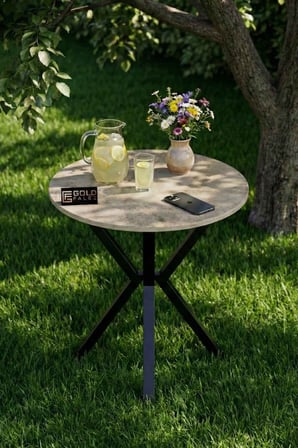 Reyo Falez 70 cm Yuvarlak Mutfak Masası Metal Ayaklı Modern Yemek Balkon Bahçe Kafe Masası Traverten