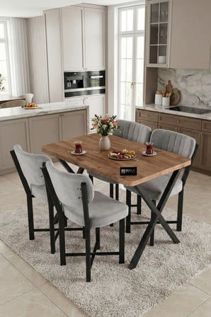 Reyo Falez Elma 110x70 cm Masa Takımı 4 Sandalyeli Modern Mutfak Balkon Kafe Yemek Masası Seti Atlan