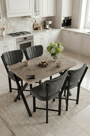 Reyo Falez Elma 110x70 cm Masa Takımı 4 Sandalyeli Modern Mutfak Balkon Kafe Yemek Masası Seti Trave