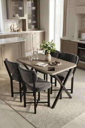Reyo Falez Elma 110x70 cm Masa Takımı 4 Sandalyeli Modern Mutfak Balkon Kafe Yemek Masası Seti Trave