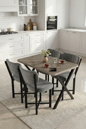Reyo Falez Elma 110x70 cm Masa Takımı 4 Sandalyeli Modern Mutfak Balkon Kafe Yemek Masası Seti Trave
