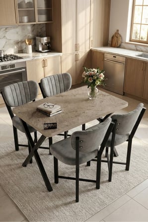 Reyo Falez Elma 110x70 cm Masa Takımı 4 Sandalyeli Modern Mutfak Balkon Kafe Yemek Masası Seti Trave