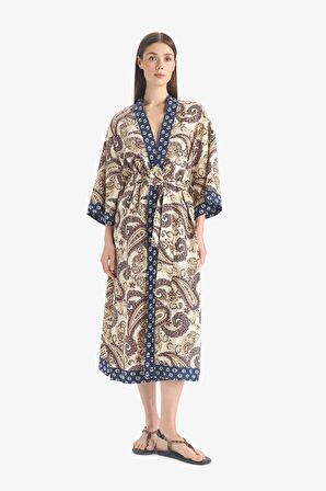 DeFacto Regular Fit Kuşaklı Etnik Desenli Pamuklu Kimono-Fall in Love D0456AX25SPNV247