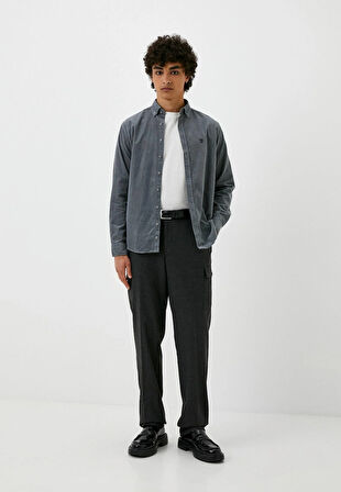 Erkek Kadife Gömlek GRİ %100 Pamuk Düğmeli Yaka Slim Fit Logo Detaylı Gömlek NCS JEANS 7980