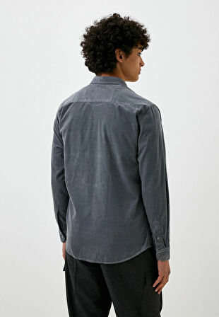 Erkek Kadife Gömlek GRİ %100 Pamuk Düğmeli Yaka Slim Fit Logo Detaylı Gömlek NCS JEANS 7980