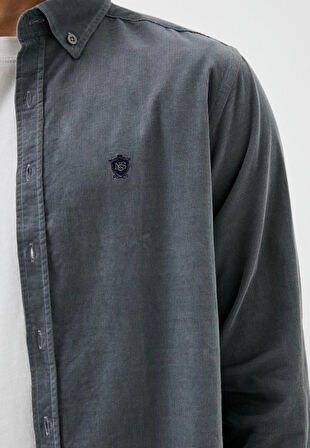 Erkek Kadife Gömlek GRİ %100 Pamuk Düğmeli Yaka Slim Fit Logo Detaylı Gömlek NCS JEANS 7980