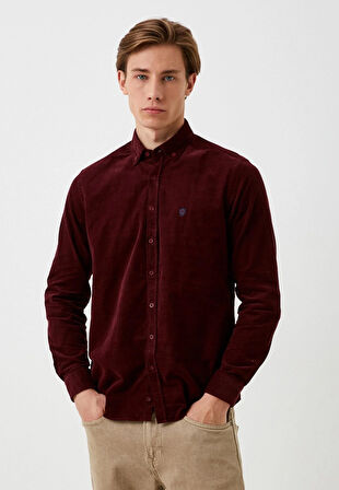 Erkek Kadife Gömlek BORDO %100 Pamuk Düğmeli Yaka Slim Fit Logo Detaylı Gömlek NCS JEANS 7980