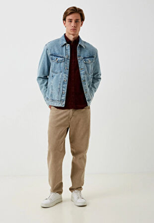 Erkek Kadife Gömlek BORDO %100 Pamuk Düğmeli Yaka Slim Fit Logo Detaylı Gömlek NCS JEANS 7980