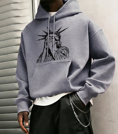 Özgürlük Heykeli Desenli S-2Xl Erkekler İçin Hip Hop Sonbahar Sweatshirtleri Cepli Polar Üstl