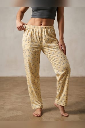 Büyük Beden Tek Alt Pijama Yumuşak Milan Kumaş İpli Bel Sarı Bulut Baskılı Loungewear Pantolon