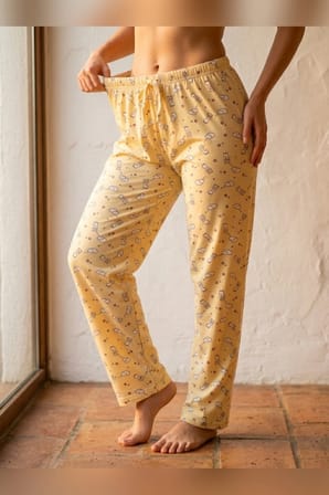 Büyük Beden Tek Alt Pijama Yumuşak Milan Kumaş İpli Bel Sarı Bulut Baskılı Loungewear Pantolon