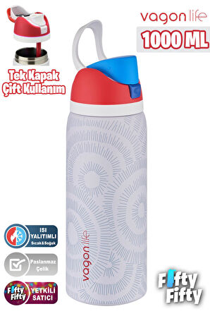Vagonlife 1000 ML Tek Kapak Çift Kullanım Pipetli/Pipetsiz Taşıma Kulplu Çelik Termos -FFVGN045ML1000Desenli