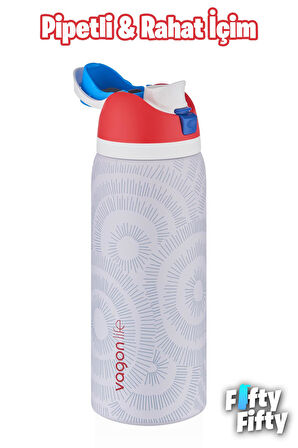 Vagonlife 1000 ML Tek Kapak Çift Kullanım Pipetli/Pipetsiz Taşıma Kulplu Çelik Termos -FFVGN045ML1000Desenli