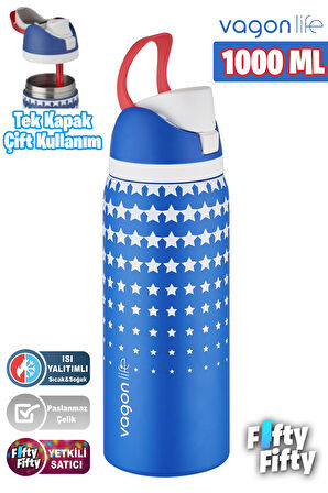 Vagonlife 1000 ML Tek Kapak Çift Kullanım Pipetli/Pipetsiz Taşıma Kulplu Çelik Termos -FFVGN045ML1000Desenli