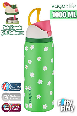 Vagonlife 1000 ML Tek Kapak Çift Kullanım Pipetli/Pipetsiz Taşıma Kulplu Çelik Termos -FFVGN045ML1000Desenli
