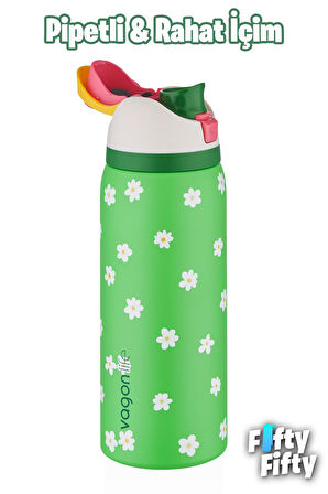 Vagonlife 1000 ML Tek Kapak Çift Kullanım Pipetli/Pipetsiz Taşıma Kulplu Çelik Termos -FFVGN045ML1000Desenli